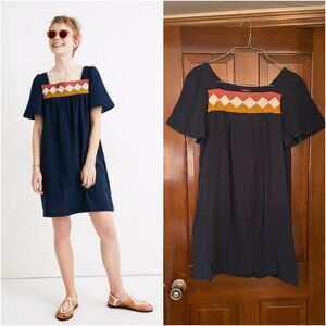 Size Large Madewell Patchwork Shift navy gauze mini dress with embroidery